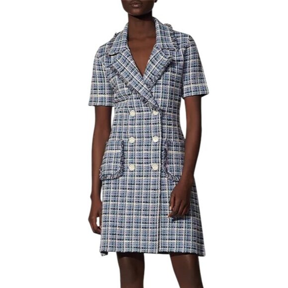 SANDRO PARIS Ludivine Tweed Double Breasted Blue White Dress Size 38 / US 6 - Picture 1 of 12